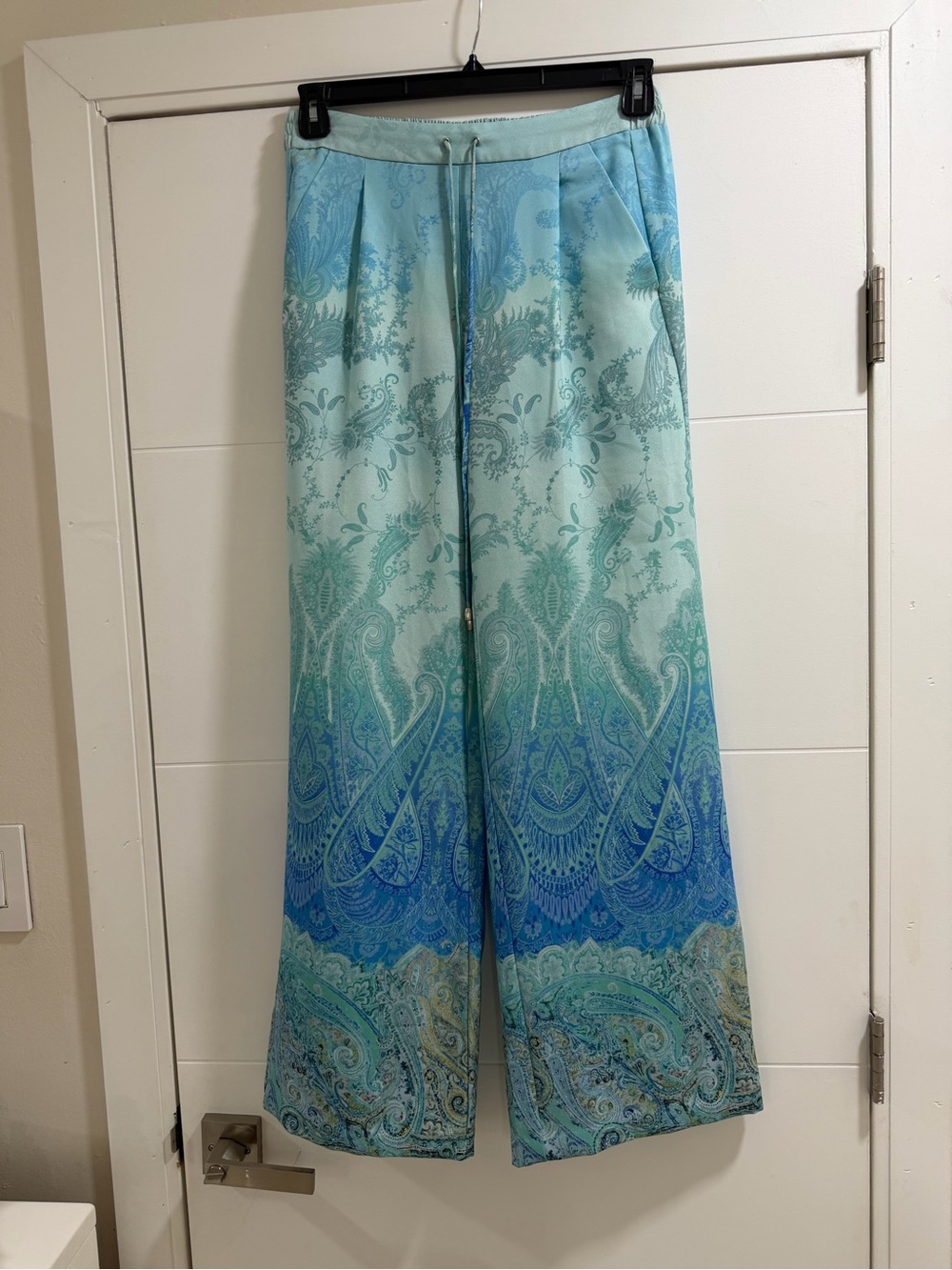 Mango Light Blue-Green Paisley Palazzo Pants
